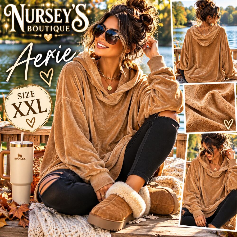 Aerie XXL Camel Crushed Velour Oversized Hoodie Velvet Y2K Lounge Pullover